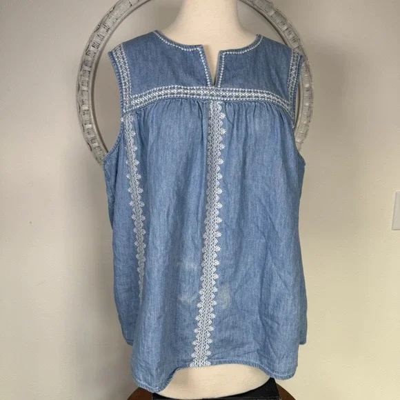 J. Jill Denim Embroidered Floral Chambray Denim Sleeveless Shirt Tank Top XL - Picture 2 of 12